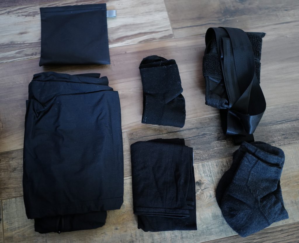 Face mask, pants, two socks, buff, stretch strap
